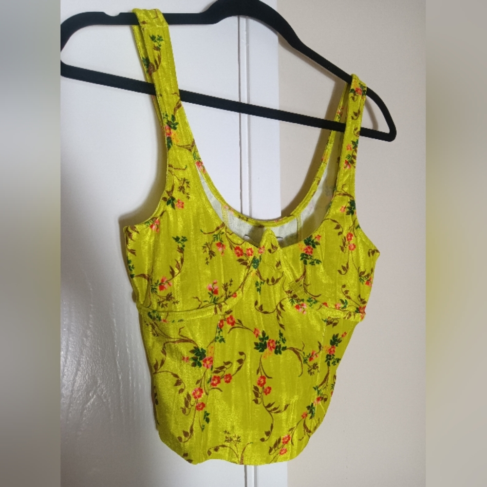 NWT Yellow Crushed Velvet Floral Crop Tank Top